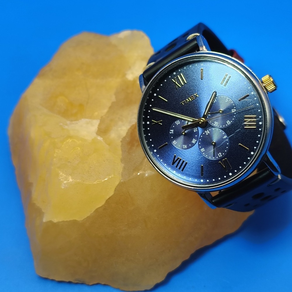 Vintage 2010 Timex Faux Chronograph‎ 40mm Mens Quartz Dress Watch Wax Leather